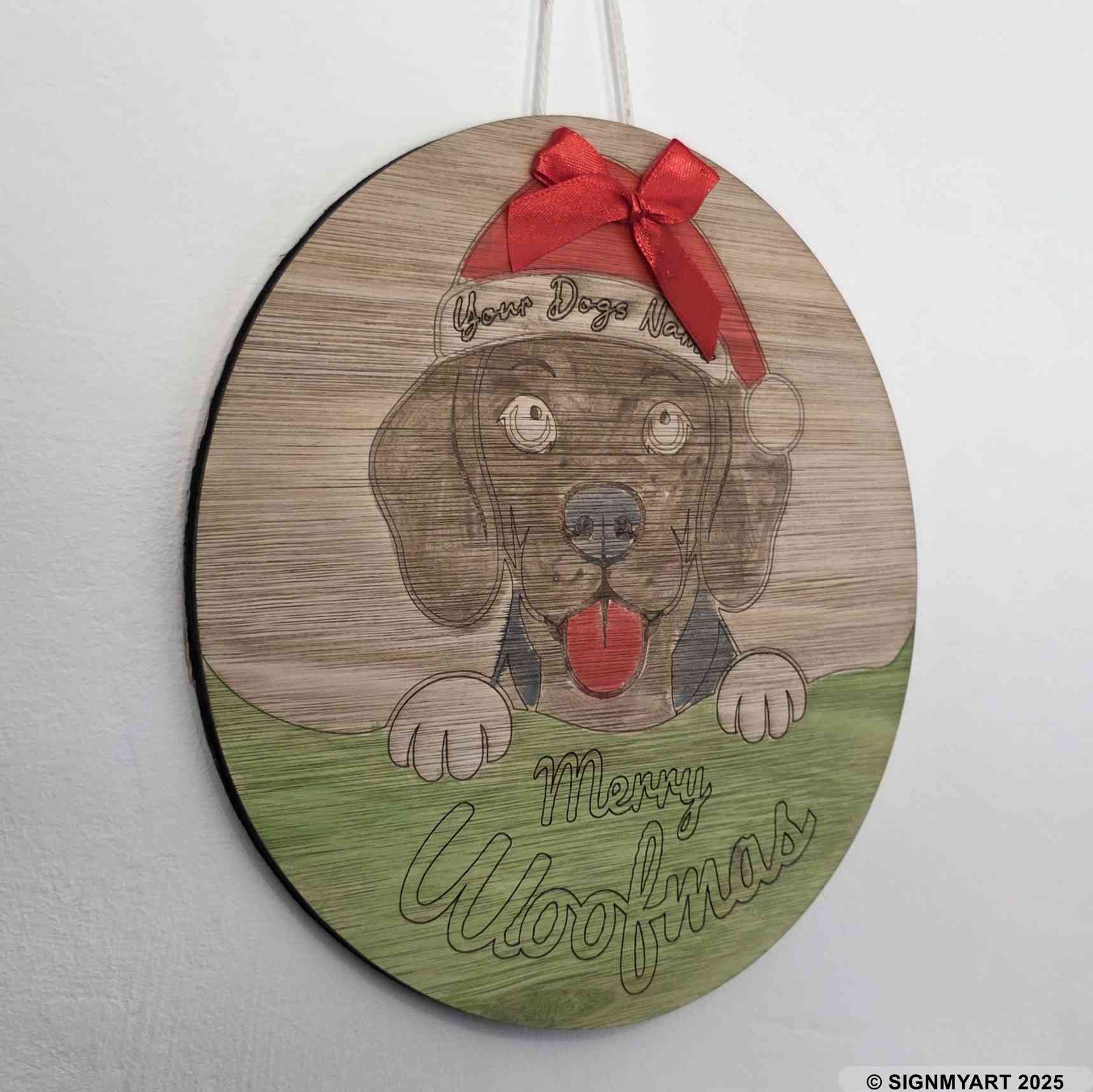 Personalised Merry Woofmas Beagle Sign – Custom Dog Name Christmas Bauble Plaque Decoration