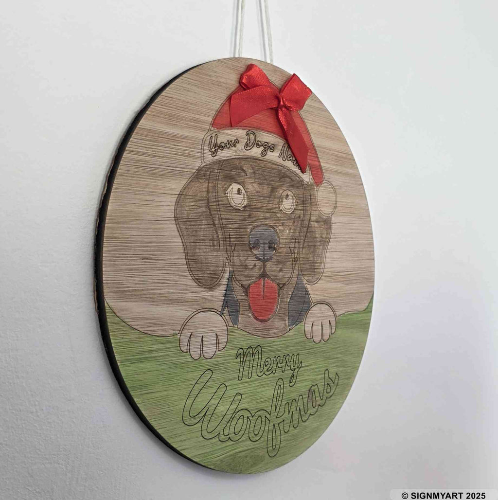Personalised Merry Woofmas Beagle Sign – Custom Dog Name Christmas Bauble Plaque Decoration