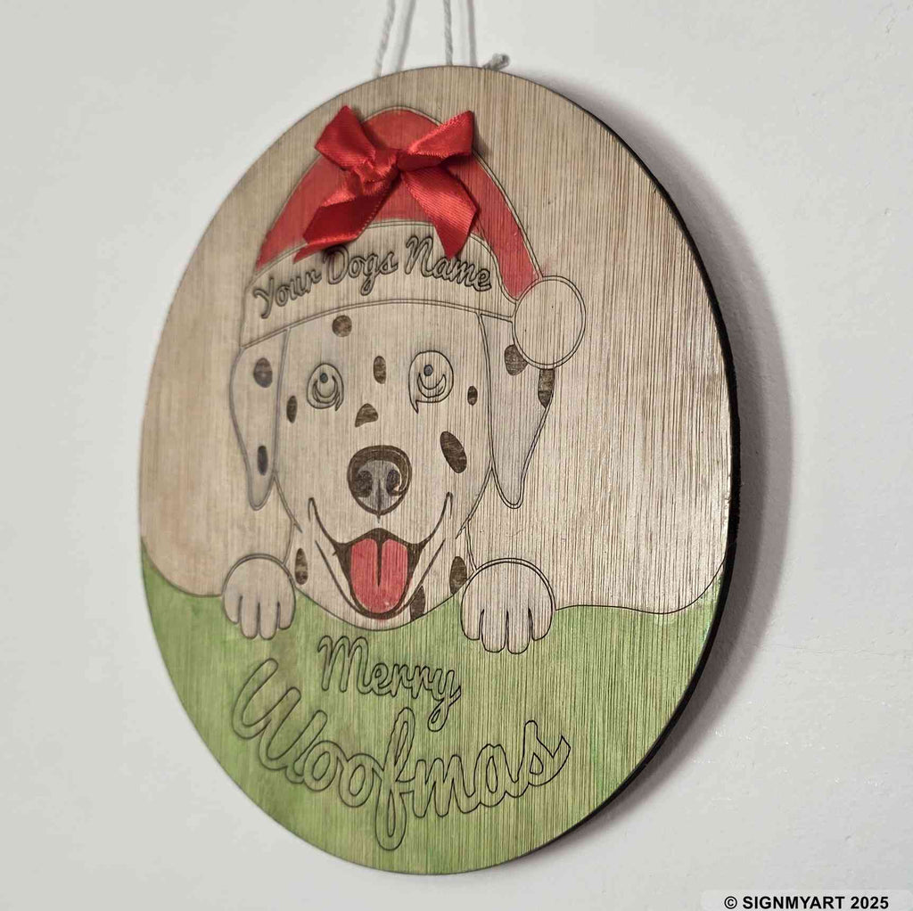 Personalised Merry Woofmas Dalmation Sign – Custom Dog Name Christmas Bauble Plaque Decoration