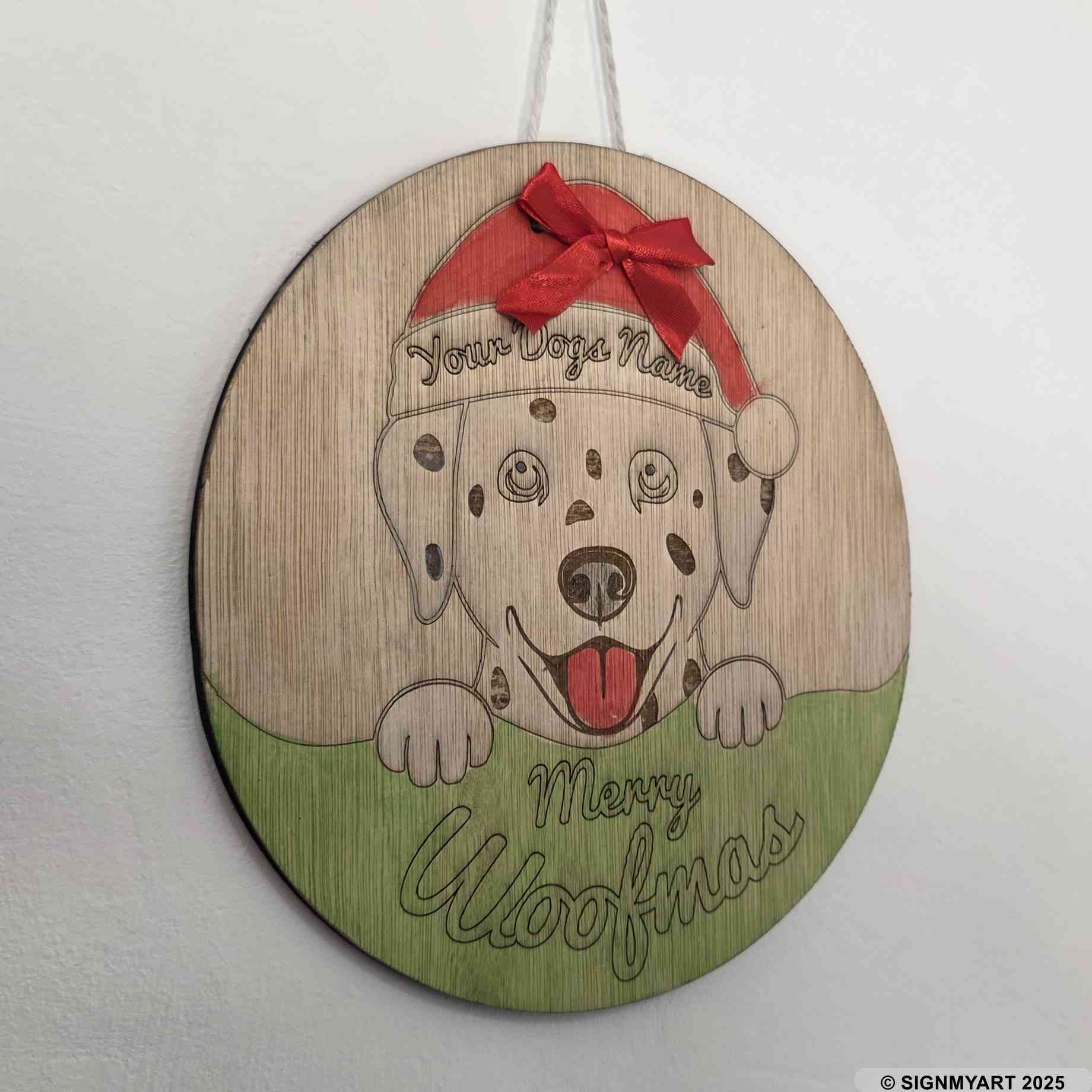 Personalised Merry Woofmas Dalmation Sign – Custom Dog Name Christmas Bauble Plaque Decoration
