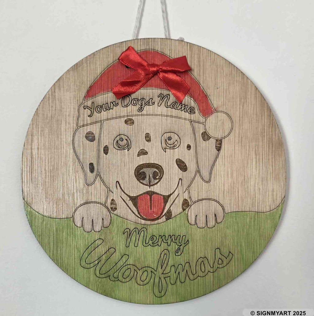 Personalised Merry Woofmas Dalmation Sign – Custom Dog Name Christmas Bauble Plaque Decoration