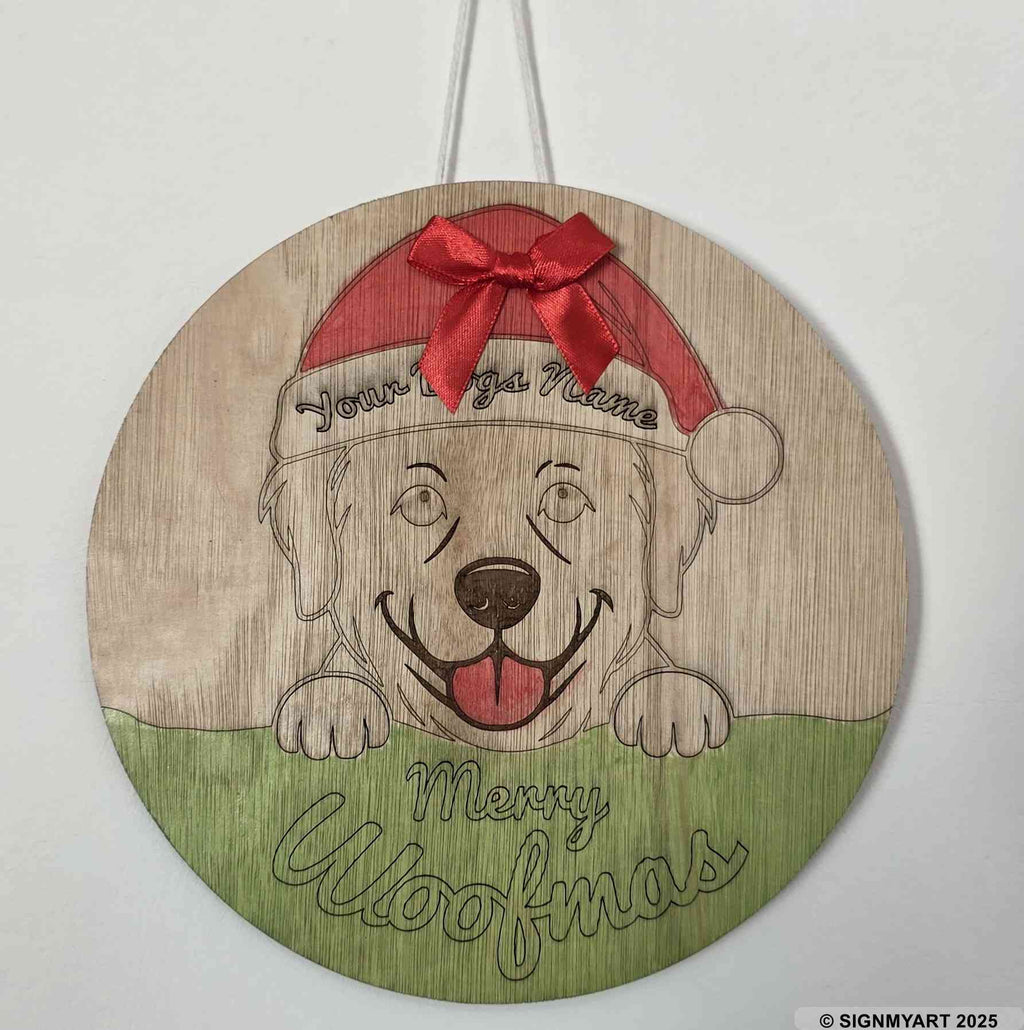 Personalised Merry Woofmas Golden Retriever Sign – Custom Dog Name Christmas Bauble Plaque Decoration