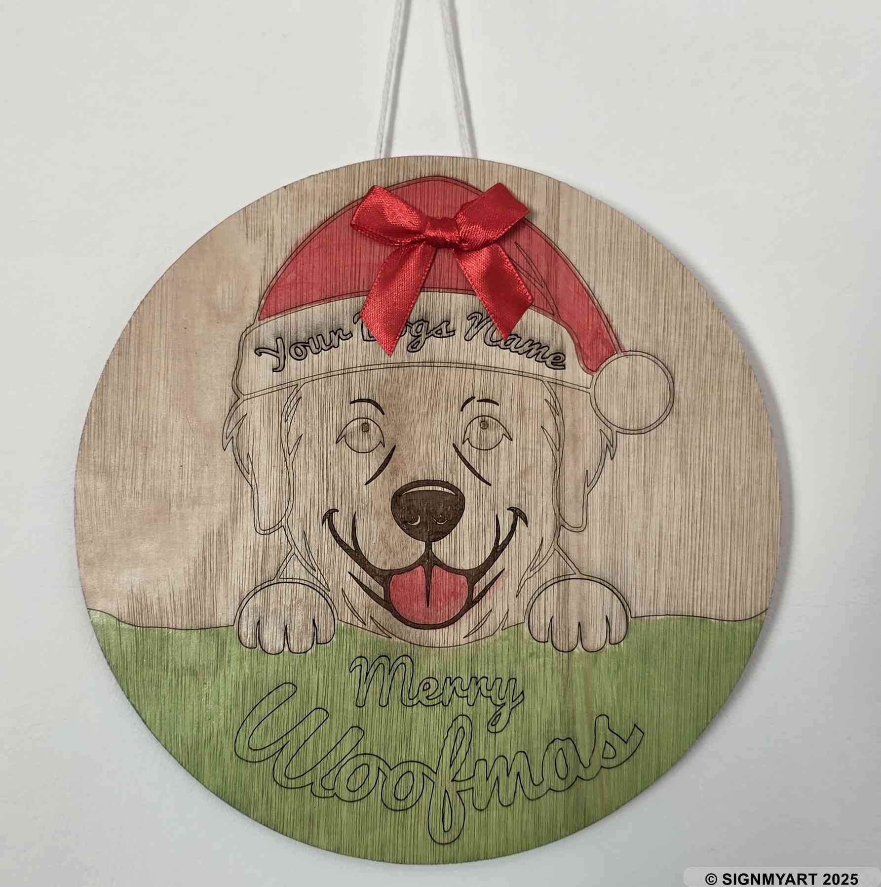 Personalised Merry Woofmas Golden Retriever Sign – Custom Dog Name Christmas Bauble Plaque Decoration