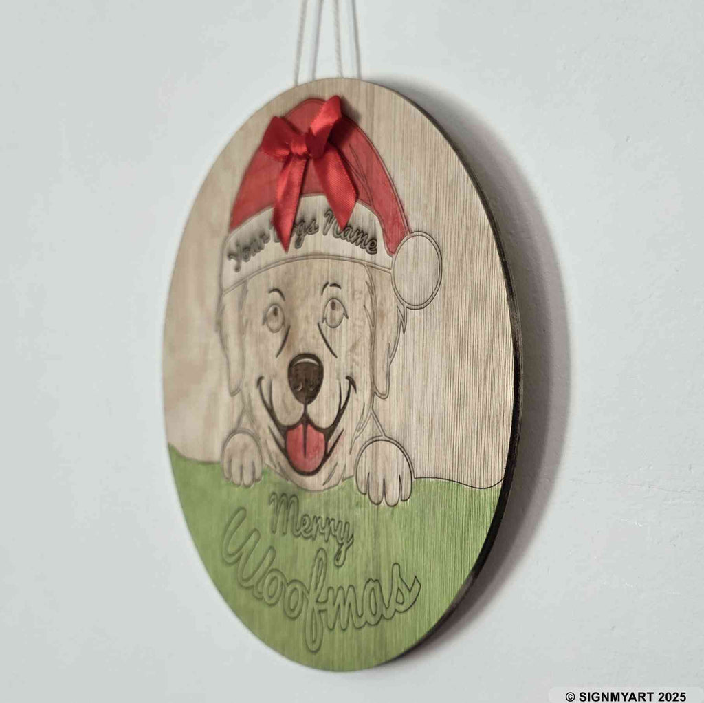 Personalised Merry Woofmas Golden Retriever Sign – Custom Dog Name Christmas Bauble Plaque Decoration