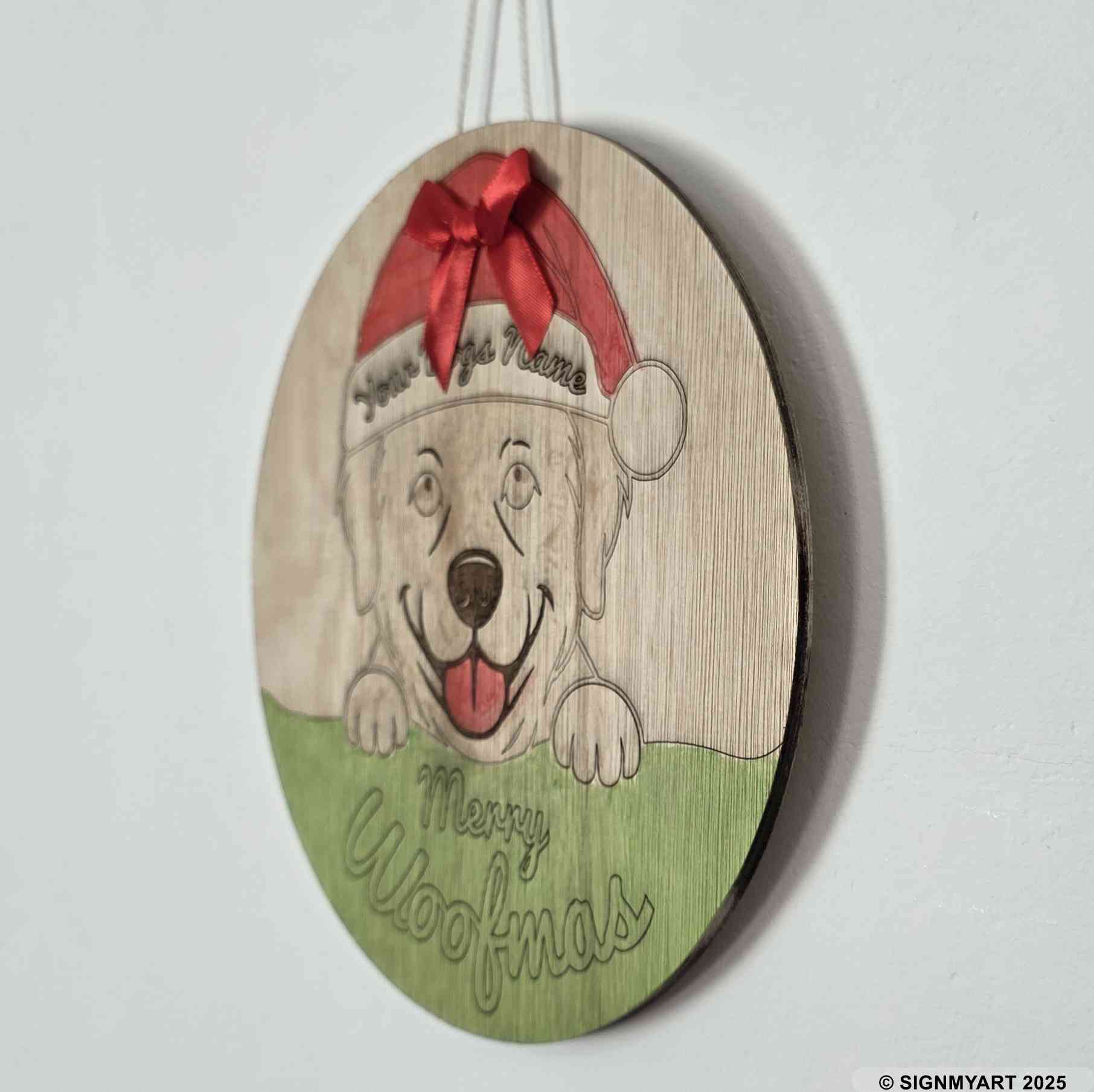 Personalised Merry Woofmas Golden Retriever Sign – Custom Dog Name Christmas Bauble Plaque Decoration
