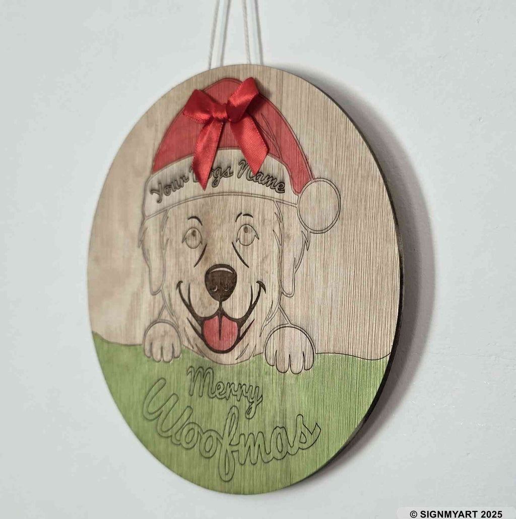 Personalised Merry Woofmas Golden Retriever Sign – Custom Dog Name Christmas Bauble Plaque Decoration