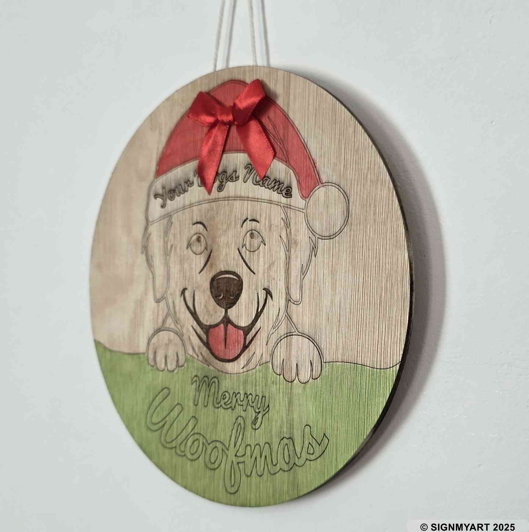 Personalised Merry Woofmas Golden Retriever Sign – Custom Dog Name Christmas Bauble Plaque Decoration