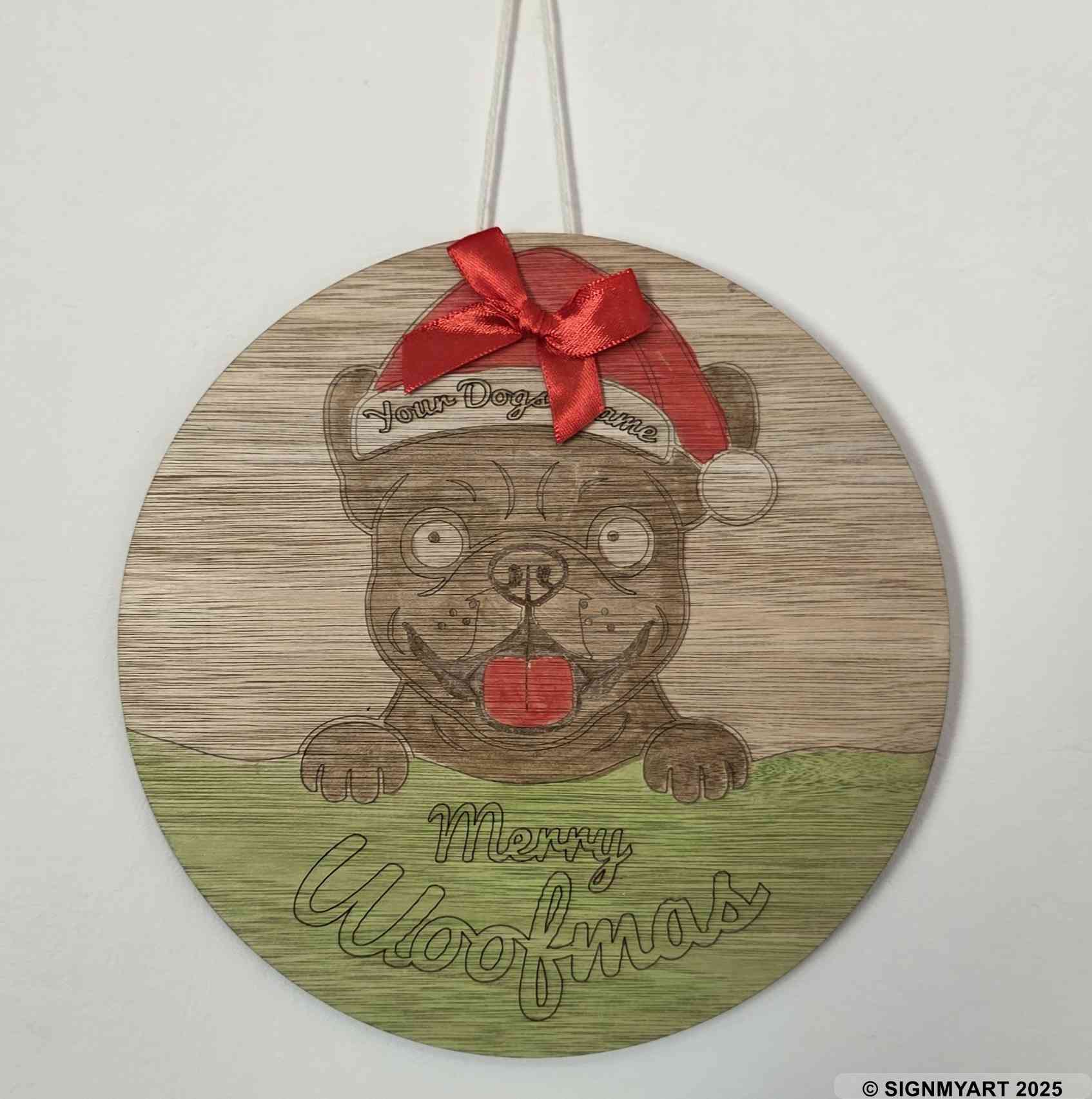 Personalised Merry Woofmas French Bulldog Sign – Custom Dog Name Christmas Bauble Plaque Decoration