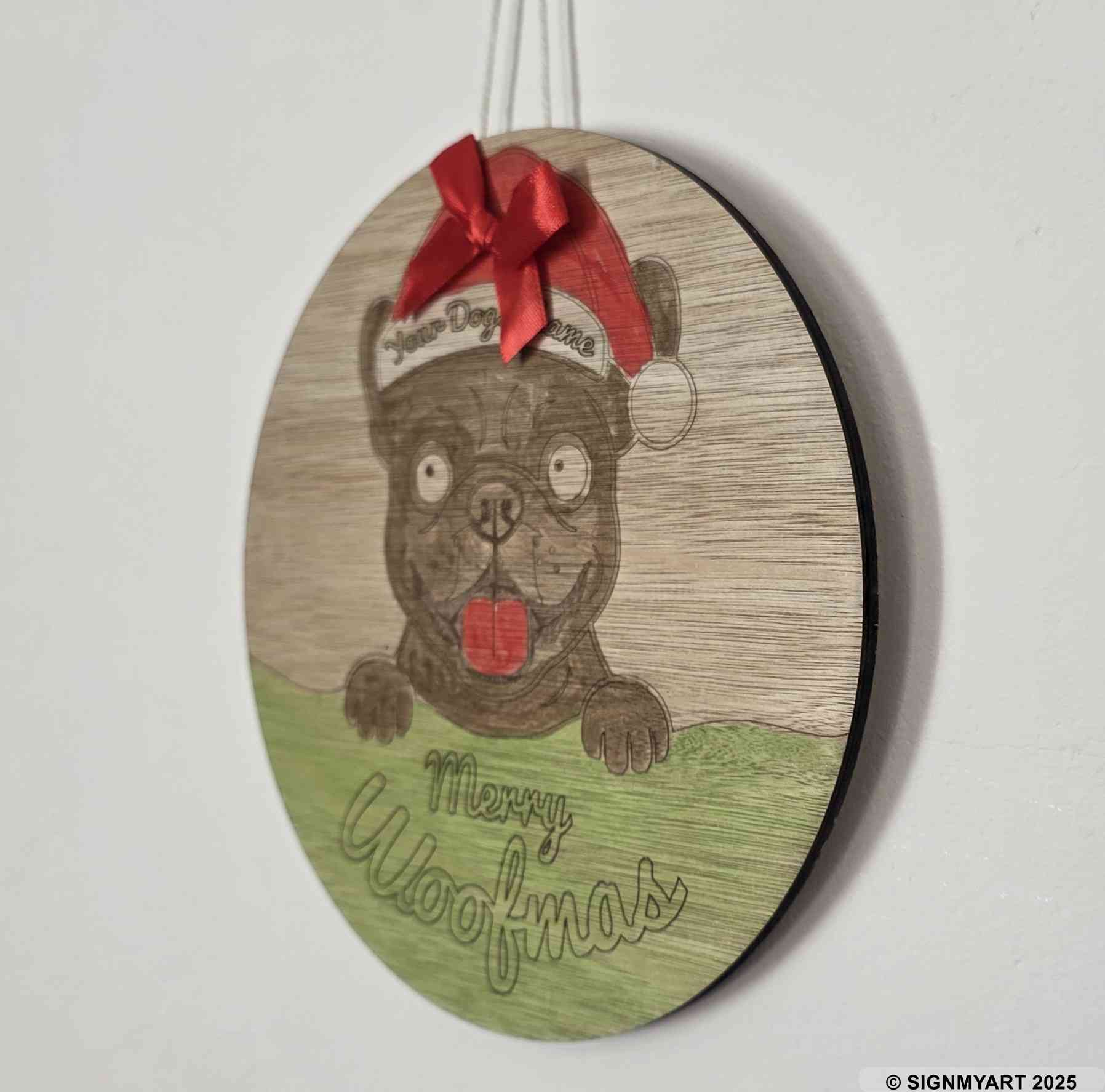 Personalised Merry Woofmas French Bulldog Sign – Custom Dog Name Christmas Bauble Plaque Decoration