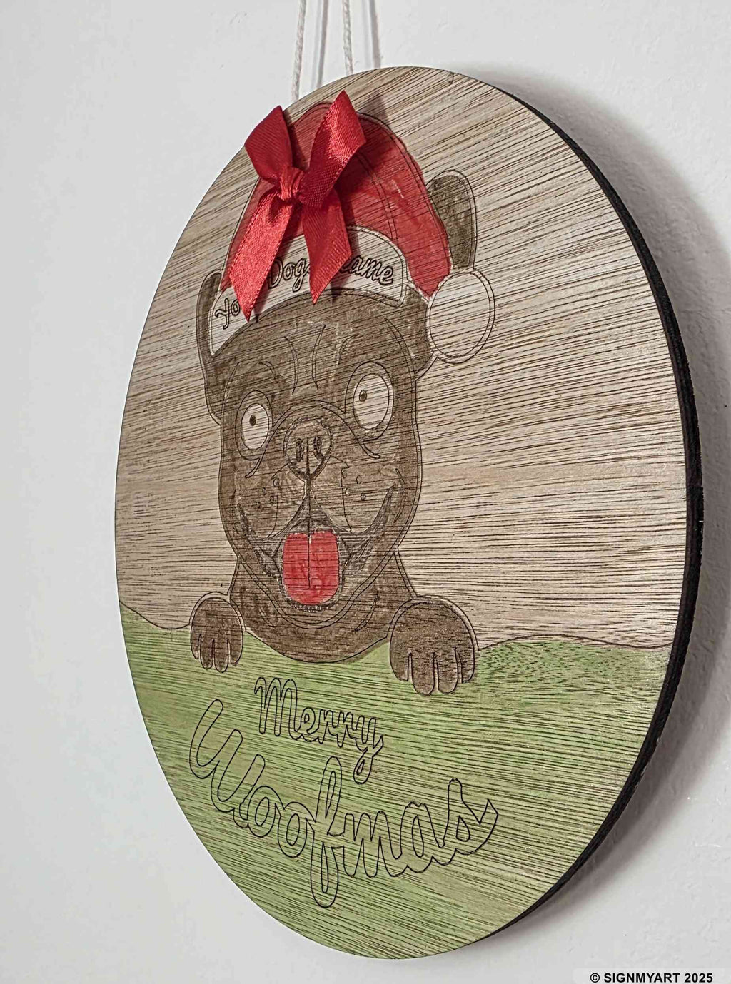 Personalised Merry Woofmas French Bulldog Sign – Custom Dog Name Christmas Bauble Plaque Decoration