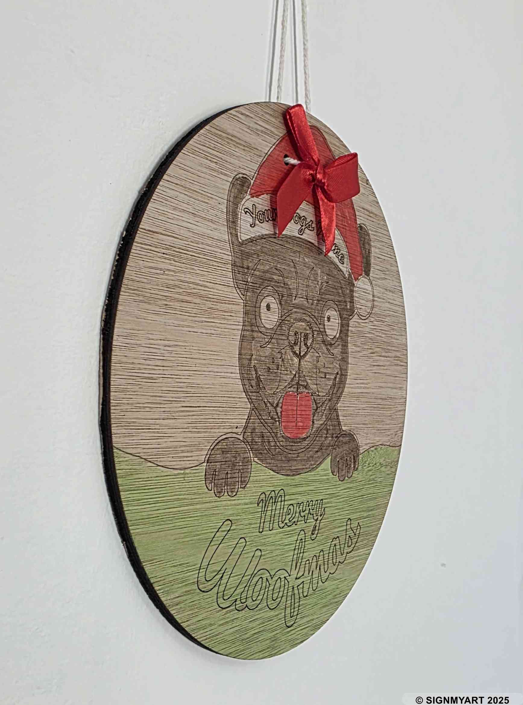 Personalised Merry Woofmas French Bulldog Sign – Custom Dog Name Christmas Bauble Plaque Decoration