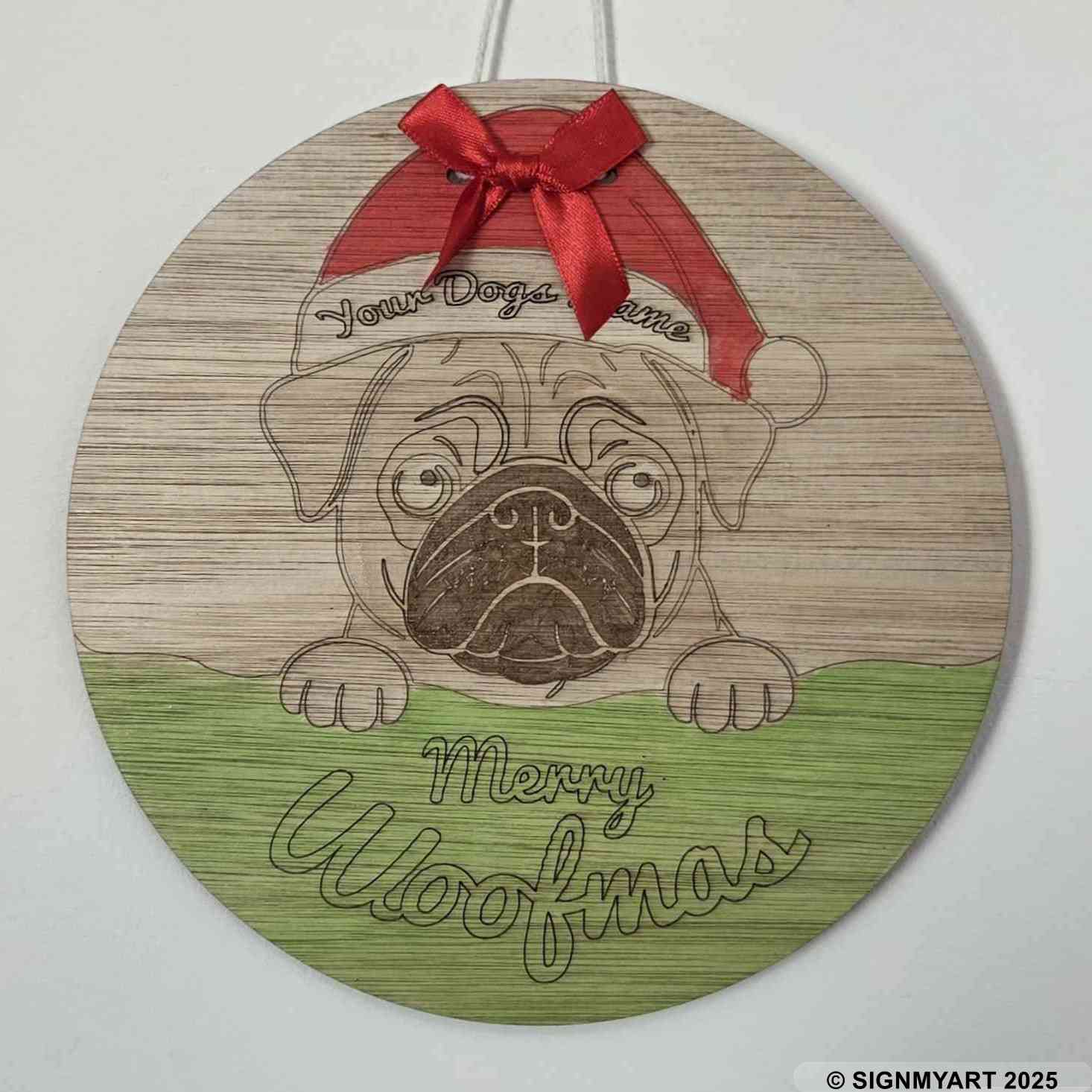 Personalised Merry Woofmas Pug Sign – Custom Dog Name Christmas Bauble Plaque Decoration