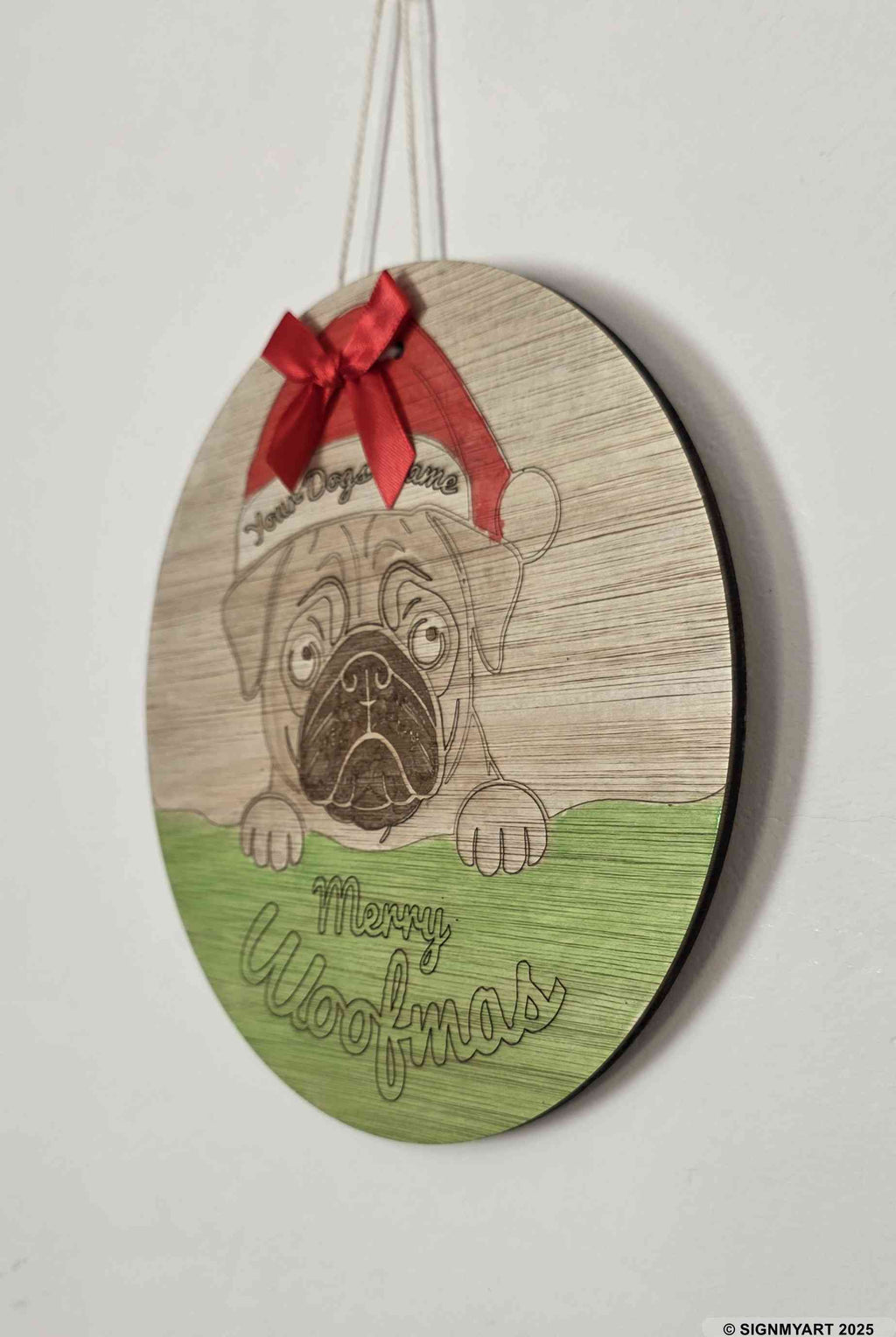 Personalised Merry Woofmas Pug Sign – Custom Dog Name Christmas Bauble Plaque Decoration