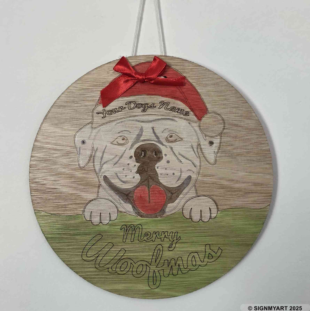 Personalised Merry Woofmas American Bulldog Sign – Custom Dog Name Christmas Bauble Plaque Decoration