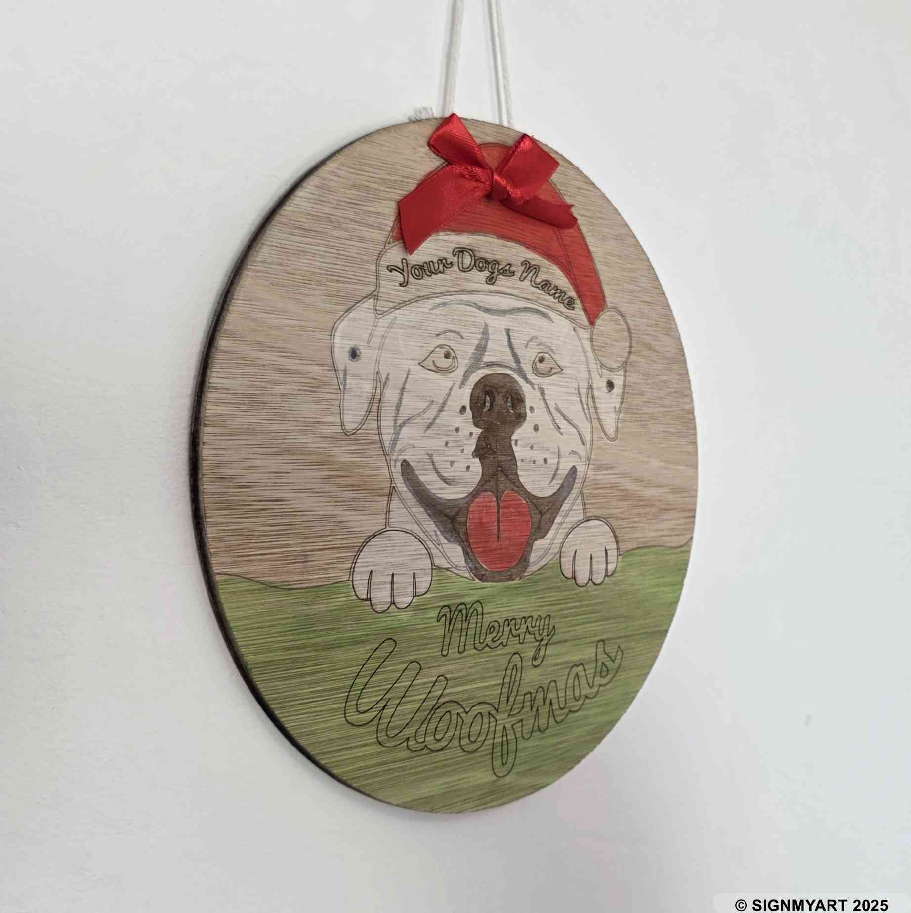 Personalised Merry Woofmas American Bulldog Sign – Custom Dog Name Christmas Bauble Plaque Decoration