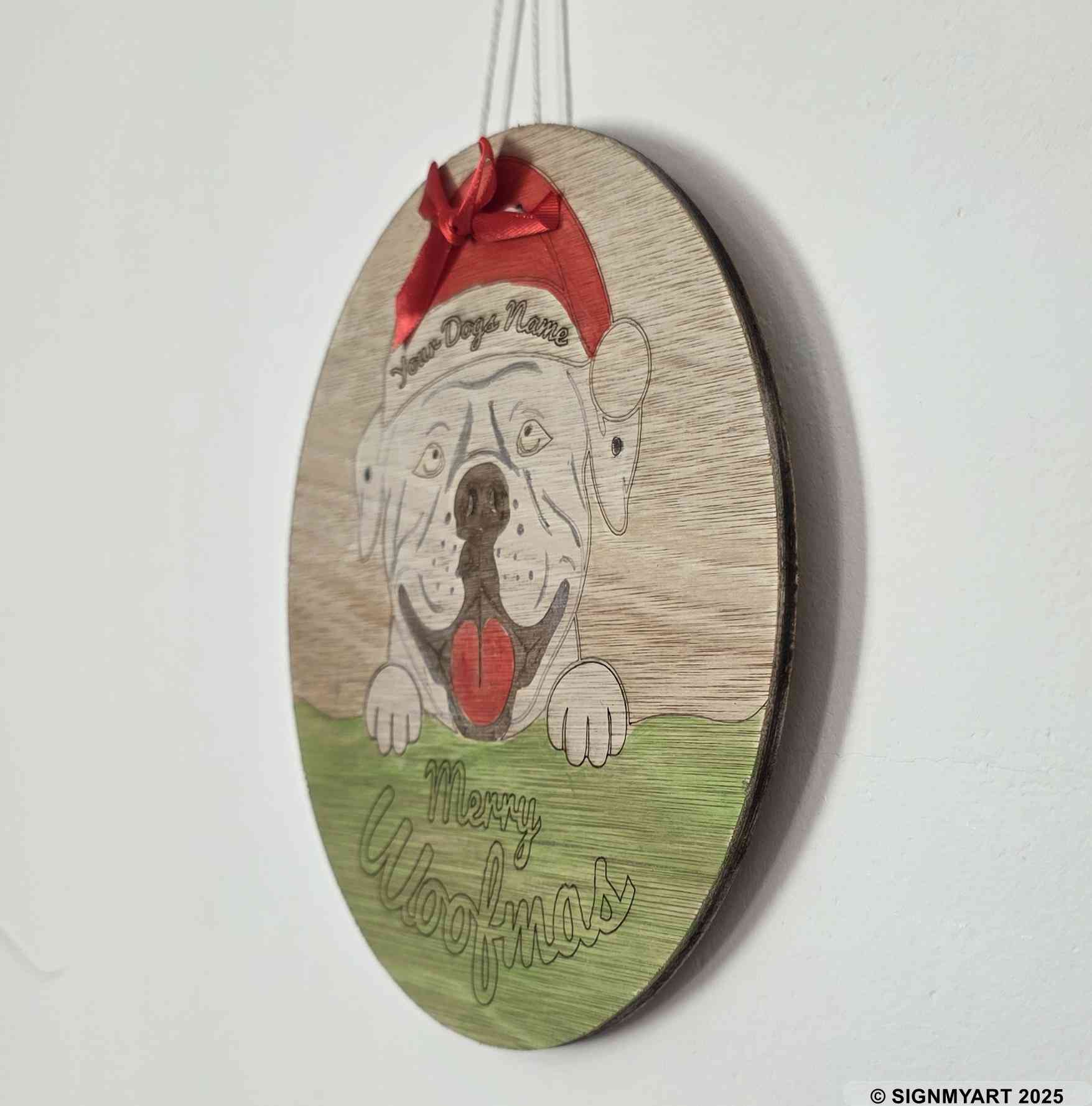 Personalised Merry Woofmas American Bulldog Sign – Custom Dog Name Christmas Bauble Plaque Decoration