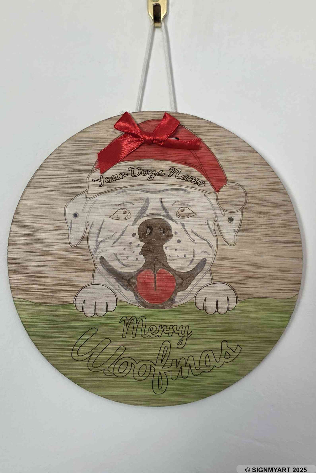 Personalised Merry Woofmas American Bulldog Sign – Custom Dog Name Christmas Bauble Plaque Decoration