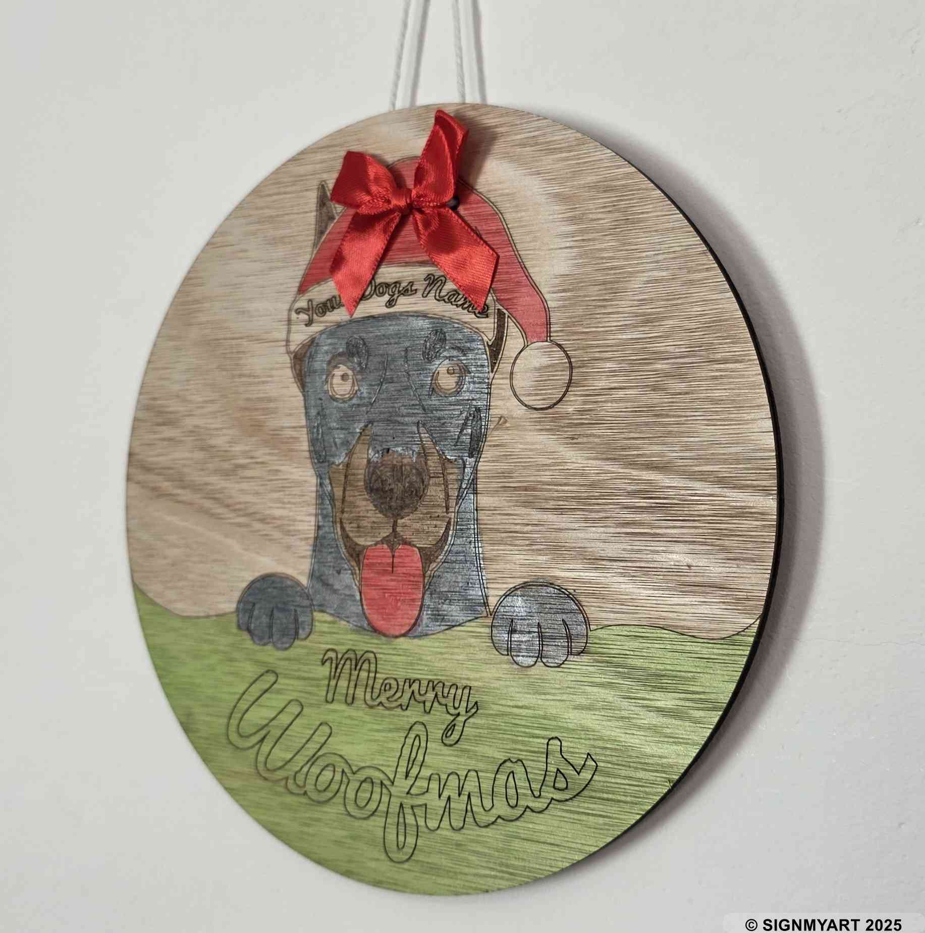 Personalised Merry Woofmas Doberman Sign – Custom Dog Name Christmas Bauble Plaque Decoration