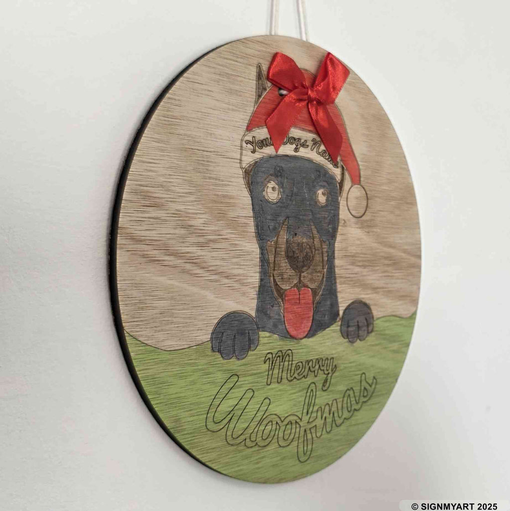 Personalised Merry Woofmas Doberman Sign – Custom Dog Name Christmas Bauble Plaque Decoration