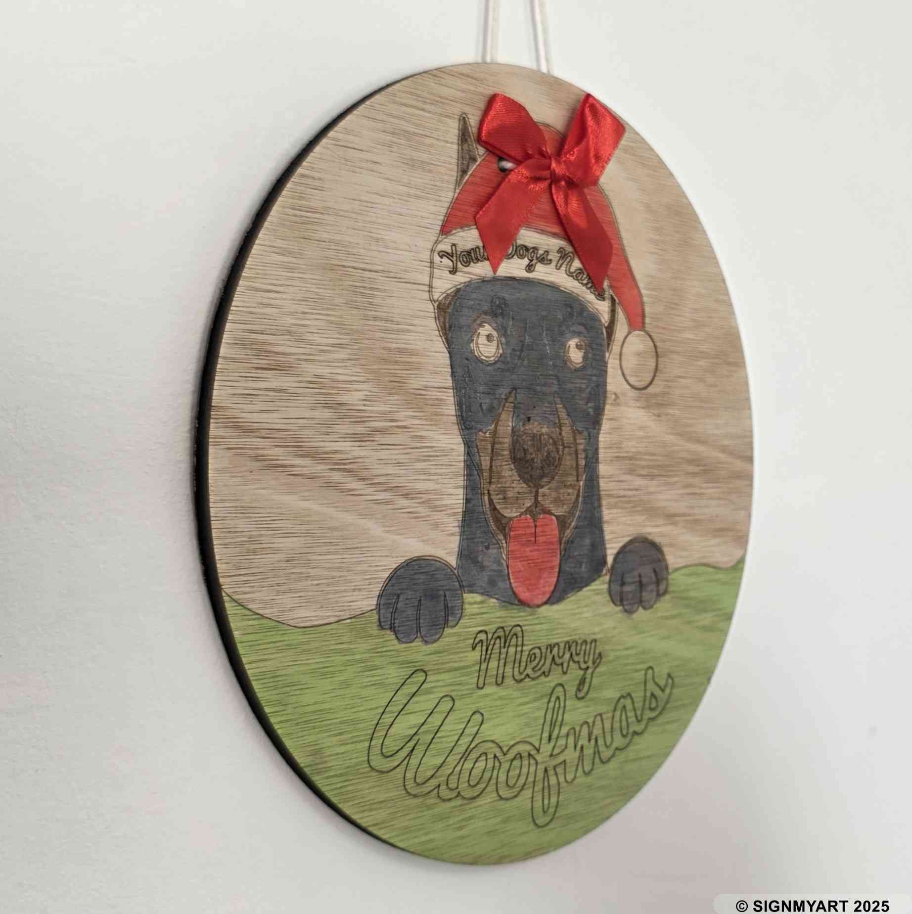 Personalised Merry Woofmas Doberman Sign – Custom Dog Name Christmas Bauble Plaque Decoration
