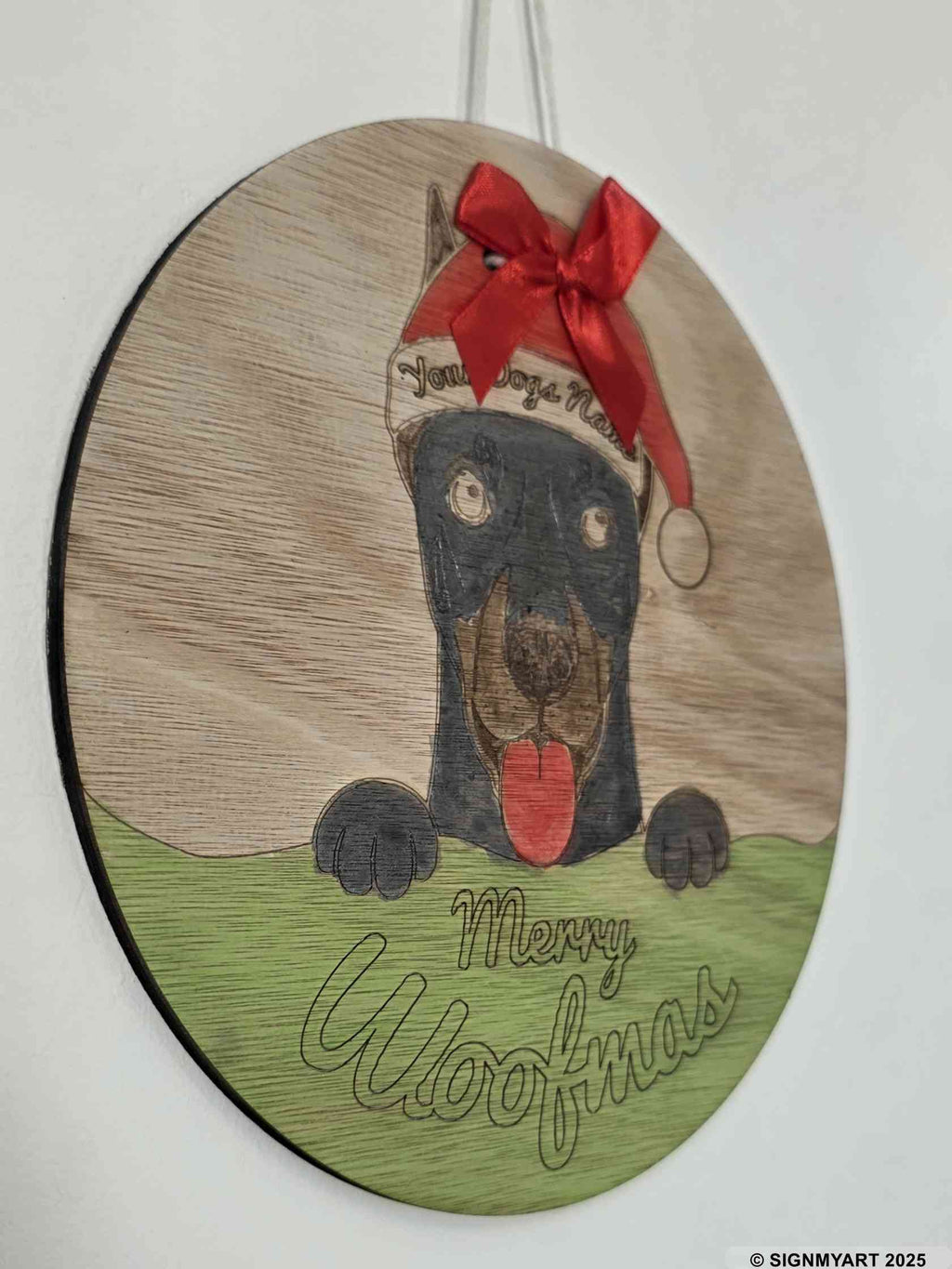 Personalised Merry Woofmas Doberman Sign – Custom Dog Name Christmas Bauble Plaque Decoration