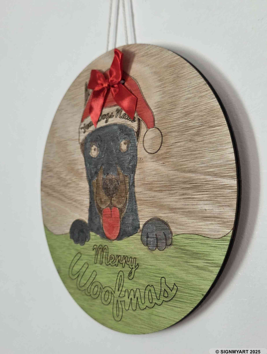 Personalised Merry Woofmas Doberman Sign – Custom Dog Name Christmas Bauble Plaque Decoration