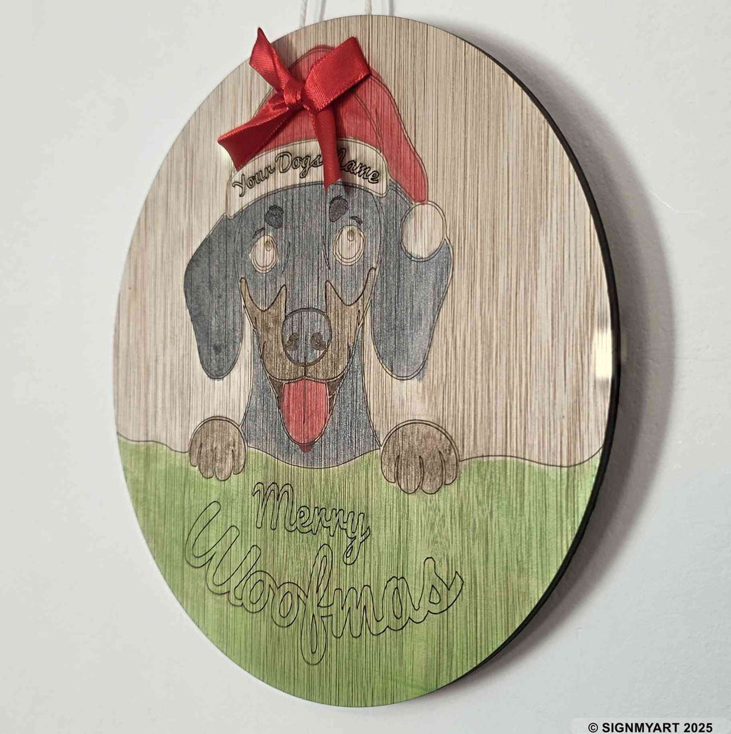 Personalised Merry Woofmas Dachshunds Sign – Custom Dog Name Christmas Bauble Plaque Decoration