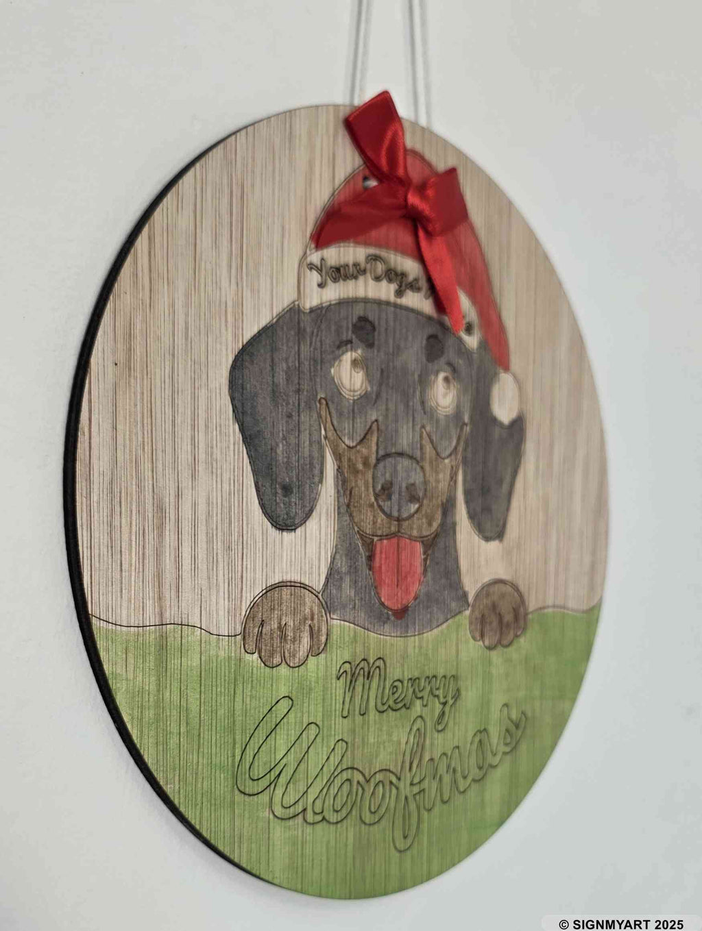 Personalised Merry Woofmas Dachshunds Sign – Custom Dog Name Christmas Bauble Plaque Decoration