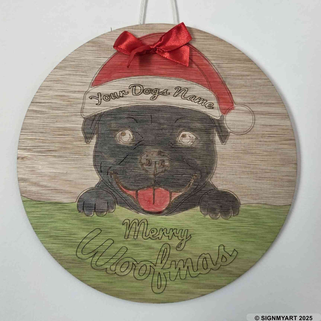 Personalised Merry Woofmas Staffordshire Bull Terrier Sign – Custom Dog Name Christmas Bauble Plaque Decoration