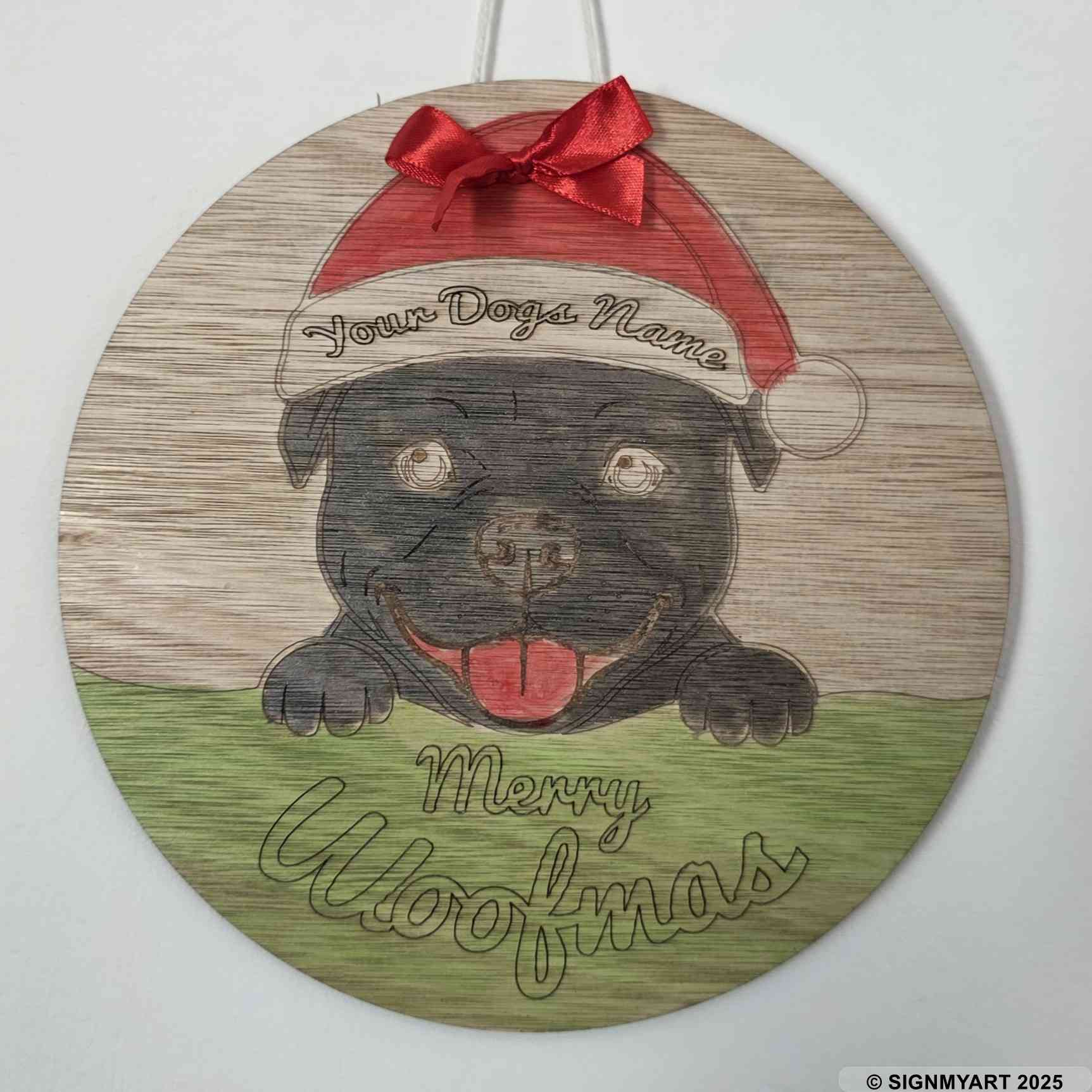 Personalised Merry Woofmas Staffordshire Bull Terrier Sign – Custom Dog Name Christmas Bauble Plaque Decoration