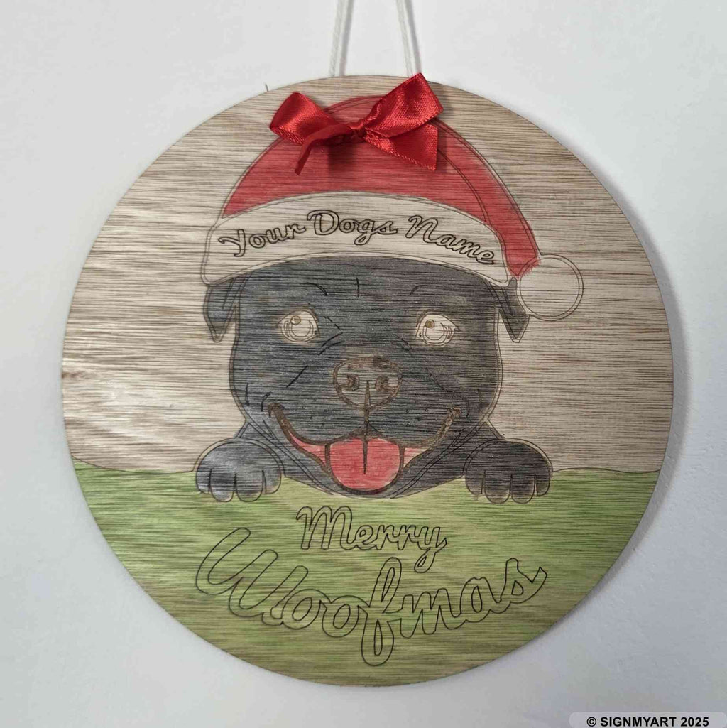 Personalised Merry Woofmas Staffordshire Bull Terrier Sign – Custom Dog Name Christmas Bauble Plaque Decoration