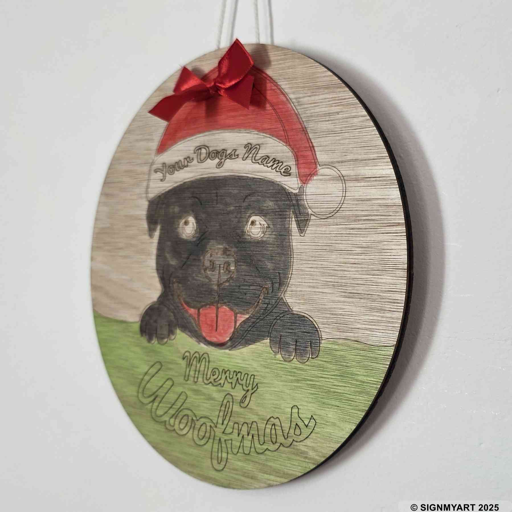Personalised Merry Woofmas Staffordshire Bull Terrier Sign – Custom Dog Name Christmas Bauble Plaque Decoration