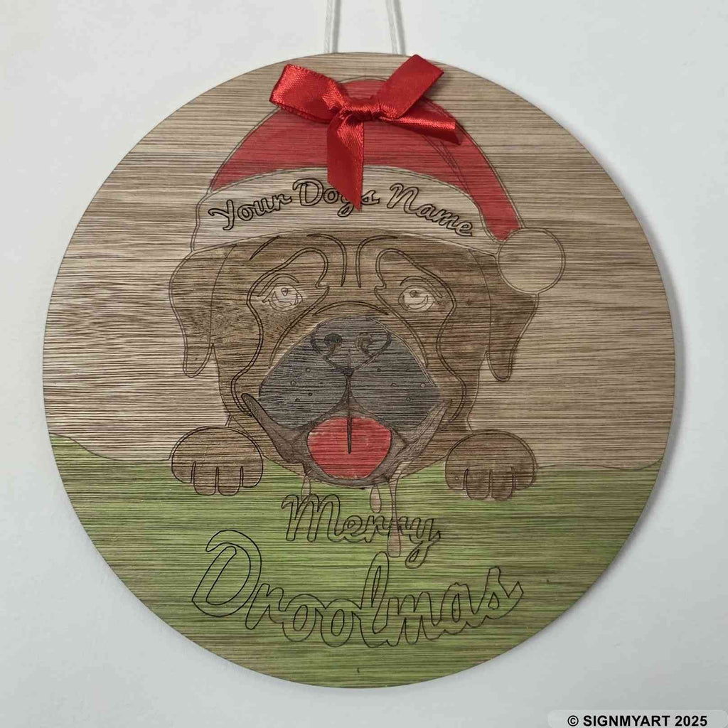 Personalised Merry Woofmas (Droolmas) Bullmastiff Sign – Custom Dog Name Christmas Bauble Plaque Decoration