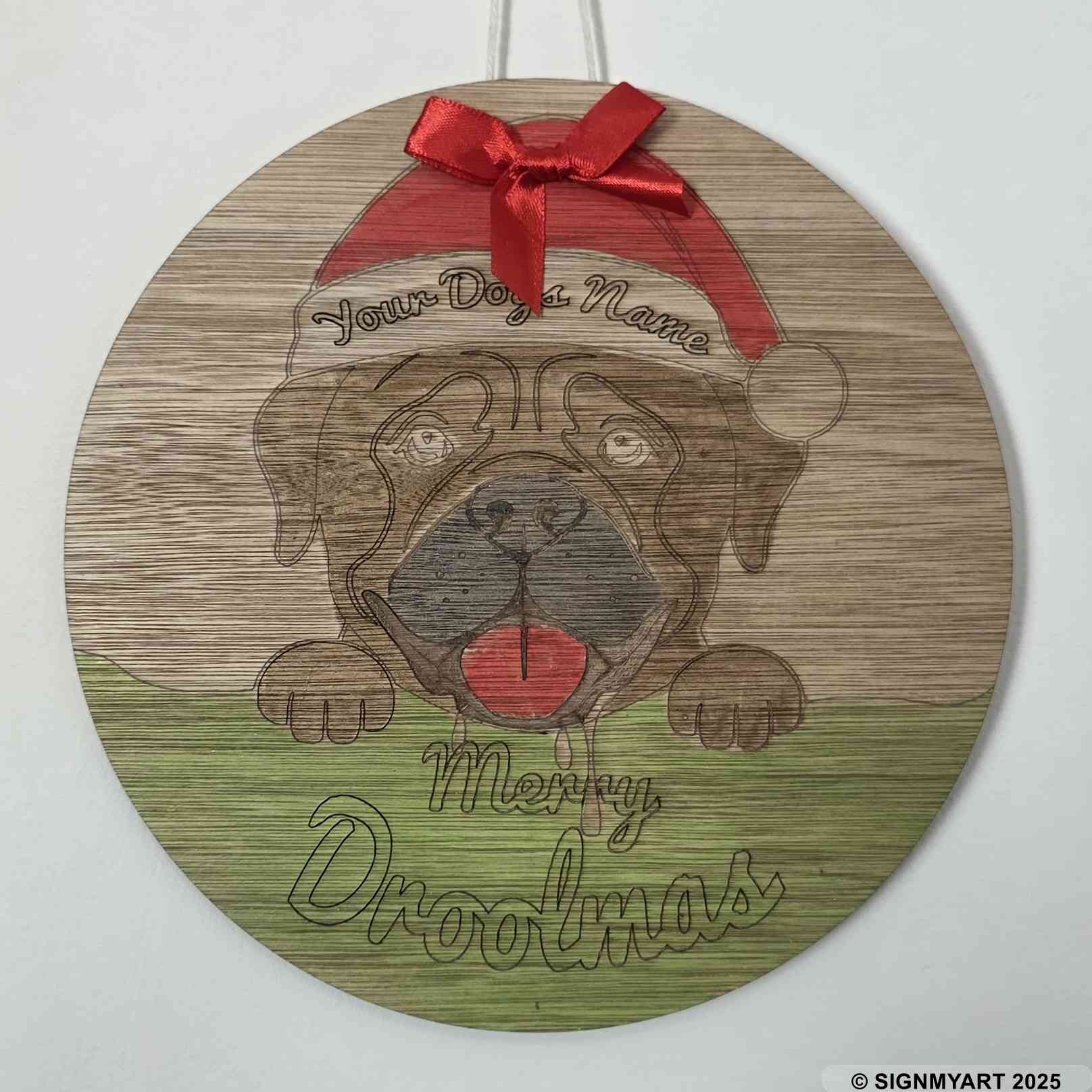 Personalised Merry Woofmas (Droolmas) Bullmastiff Sign – Custom Dog Name Christmas Bauble Plaque Decoration
