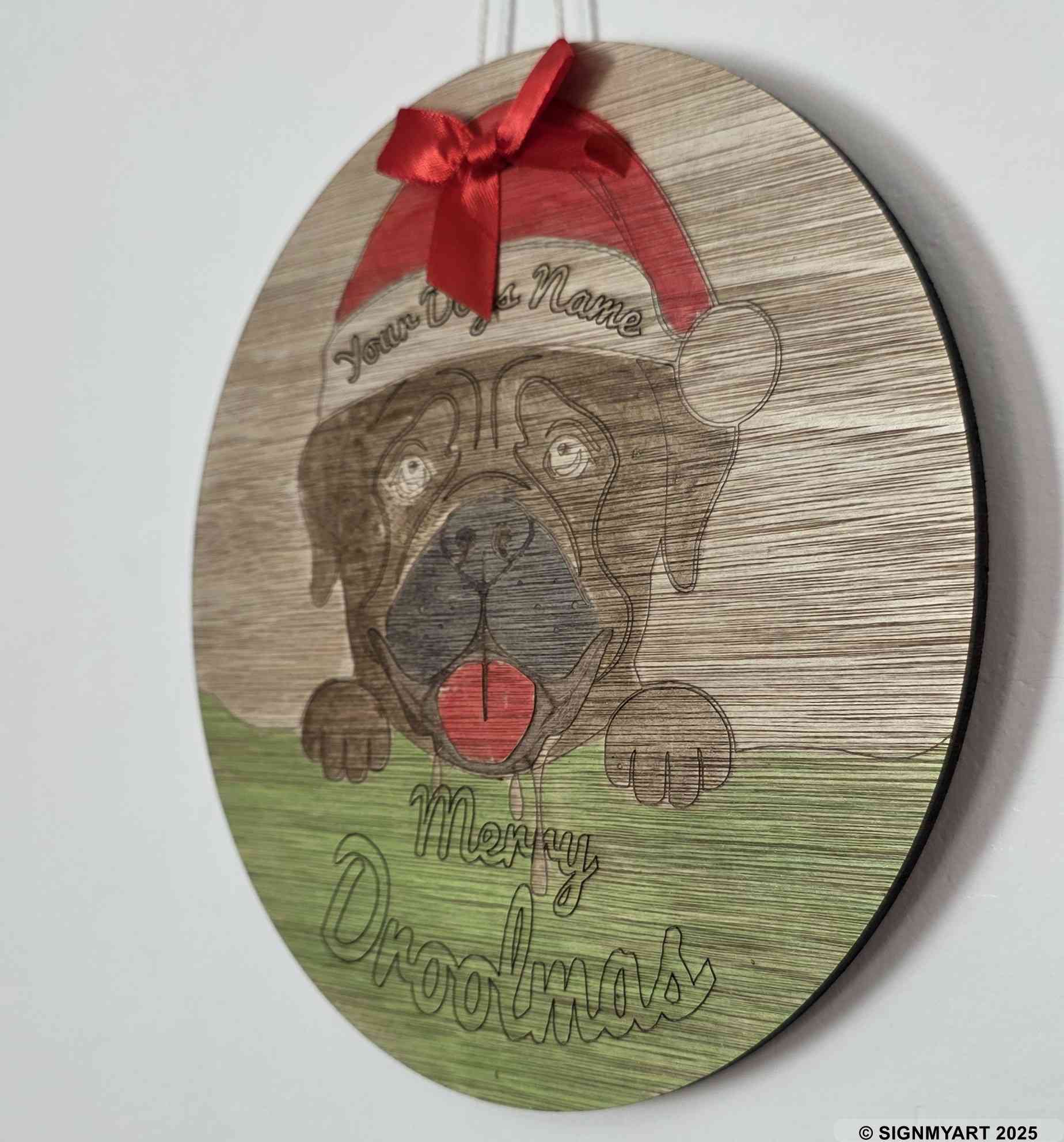 Personalised Merry Woofmas (Droolmas) Bullmastiff Sign – Custom Dog Name Christmas Bauble Plaque Decoration