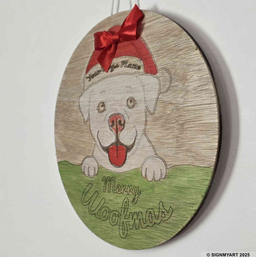 Personalised Merry Woofmas Pitbull Sign – Custom Dog Name Christmas Bauble plaque Decoration