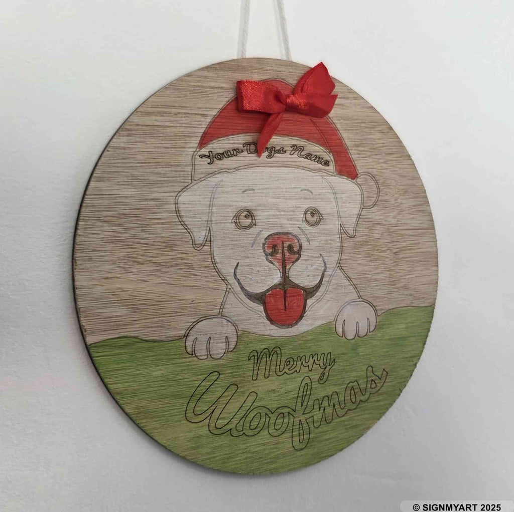 Personalised Merry Woofmas Pitbull Sign – Custom Dog Name Christmas Bauble plaque Decoration