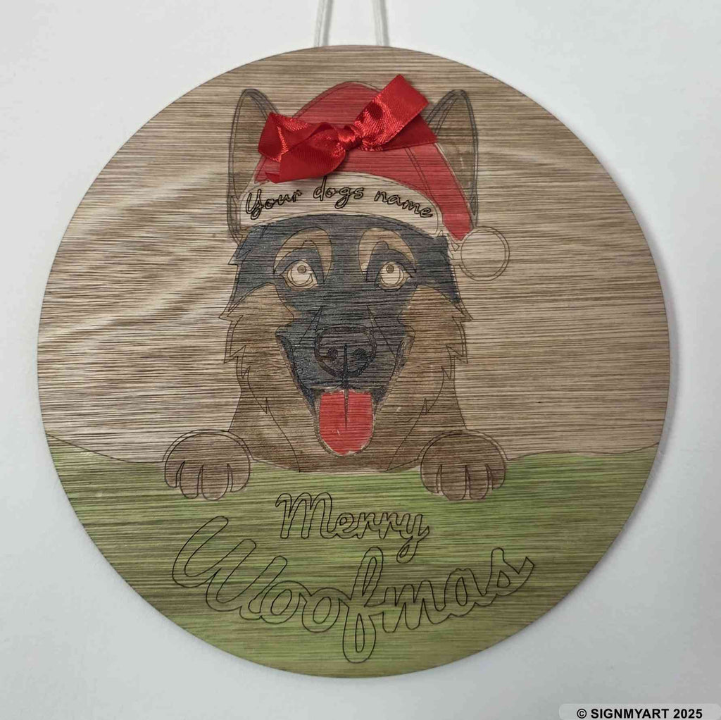 Personalised Merry Woofmas German Shepherd Dog Sign – Custom Dog Name Christmas Bauble Plaque Decoration