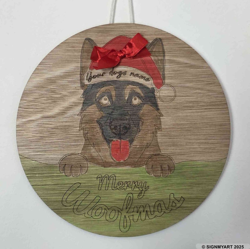Personalised Merry Woofmas German Shepherd Dog Sign – Custom Dog Name Christmas Bauble Plaque Decoration