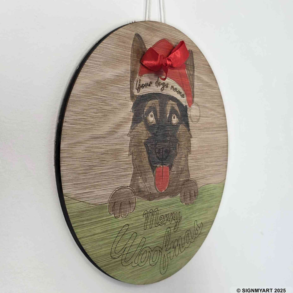 Personalised Merry Woofmas German Shepherd Dog Sign – Custom Dog Name Christmas Bauble Plaque Decoration