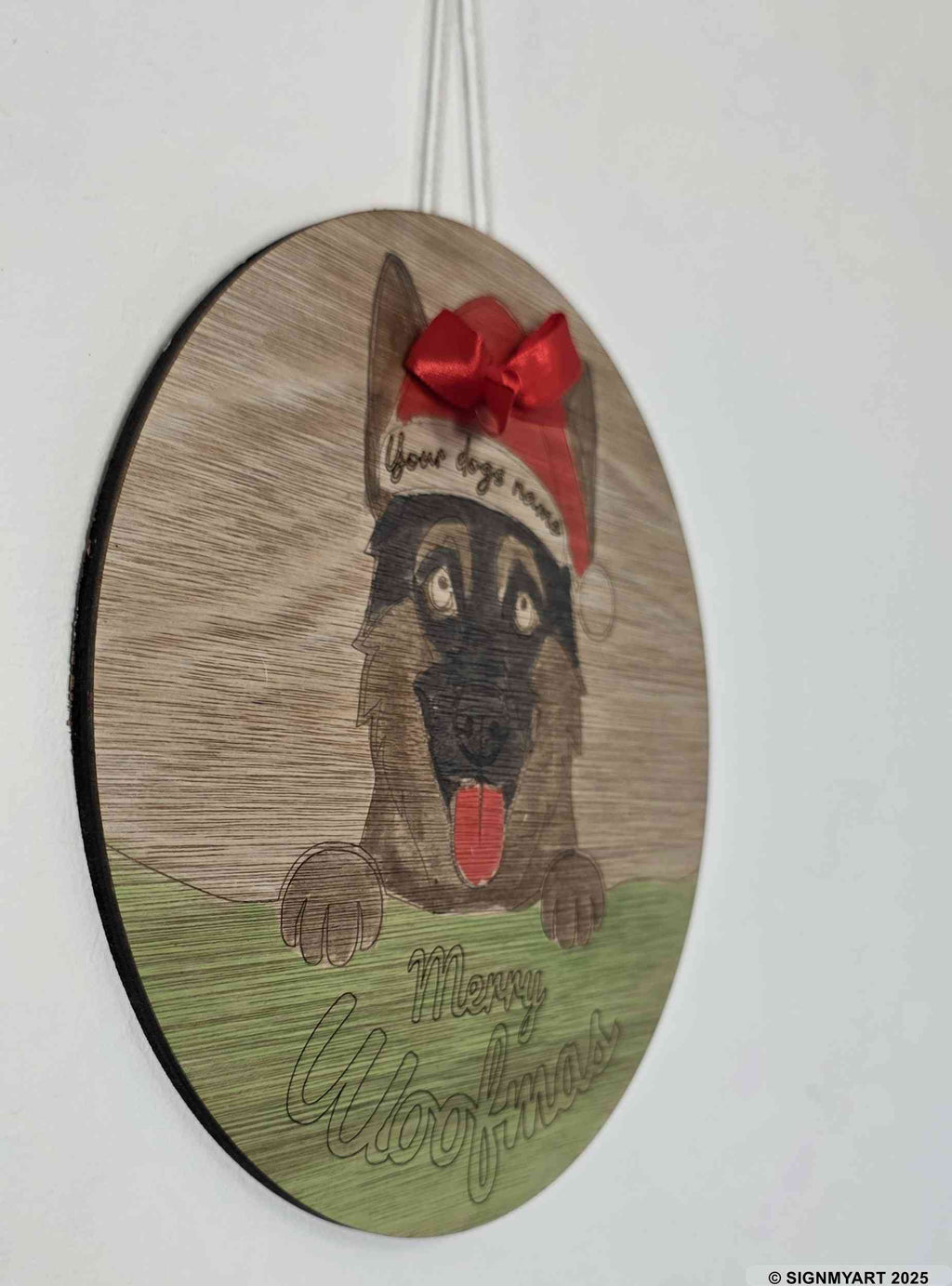 Personalised Merry Woofmas German Shepherd Dog Sign – Custom Dog Name Christmas Bauble Plaque Decoration
