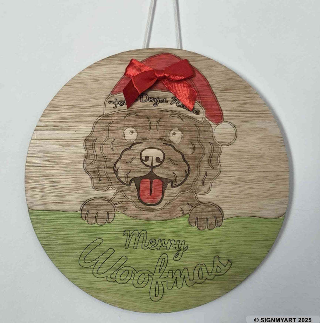 Personalised Merry Woofmas Cockapoo Sign – Custom Dog Name Christmas Bauble Plaque Decoration