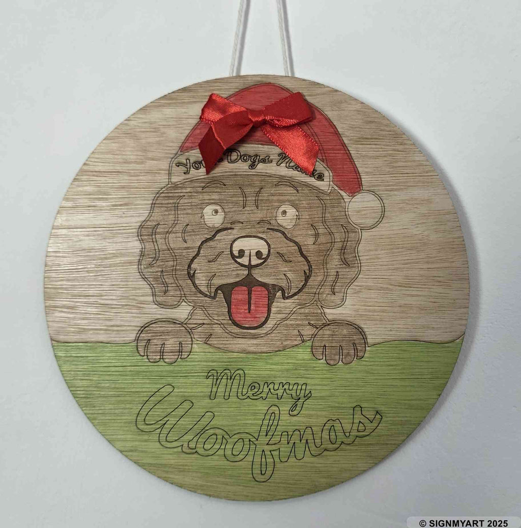 Personalised Merry Woofmas Cockapoo Sign – Custom Dog Name Christmas Bauble Plaque Decoration