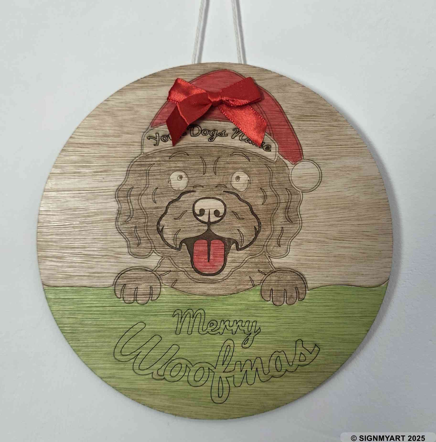 Personalised Merry Woofmas Cockapoo Sign – Custom Dog Name Christmas Bauble Plaque Decoration