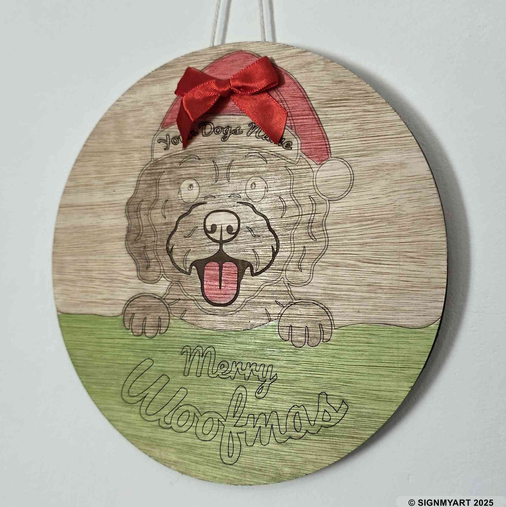 Personalised Merry Woofmas Cockapoo Sign – Custom Dog Name Christmas Bauble Plaque Decoration