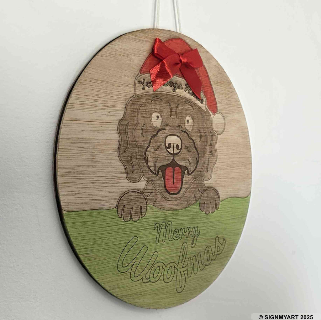 Personalised Merry Woofmas Cockapoo Sign – Custom Dog Name Christmas Bauble Plaque Decoration