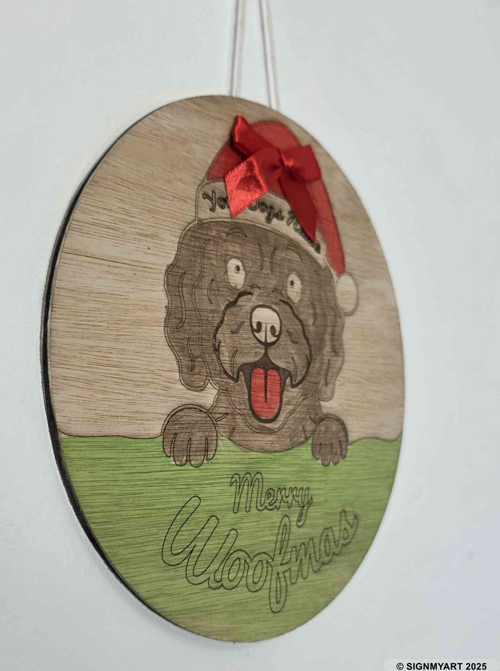 Personalised Merry Woofmas Cockapoo Sign – Custom Dog Name Christmas Bauble Plaque Decoration