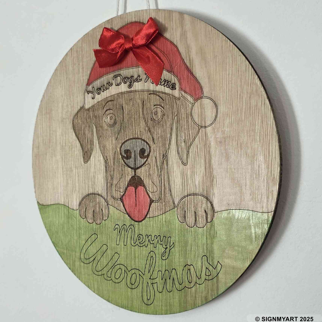 Personalised Merry Woofmas Great Dane Sign – Custom Dog Name Christmas Bauble Plaque Decoration
