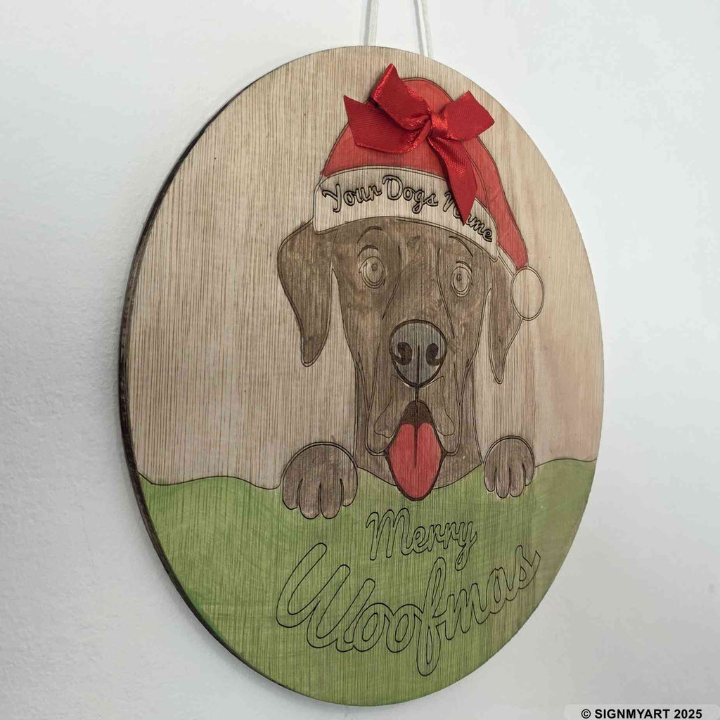 Personalised Merry Woofmas Great Dane Sign – Custom Dog Name Christmas Bauble Plaque Decoration