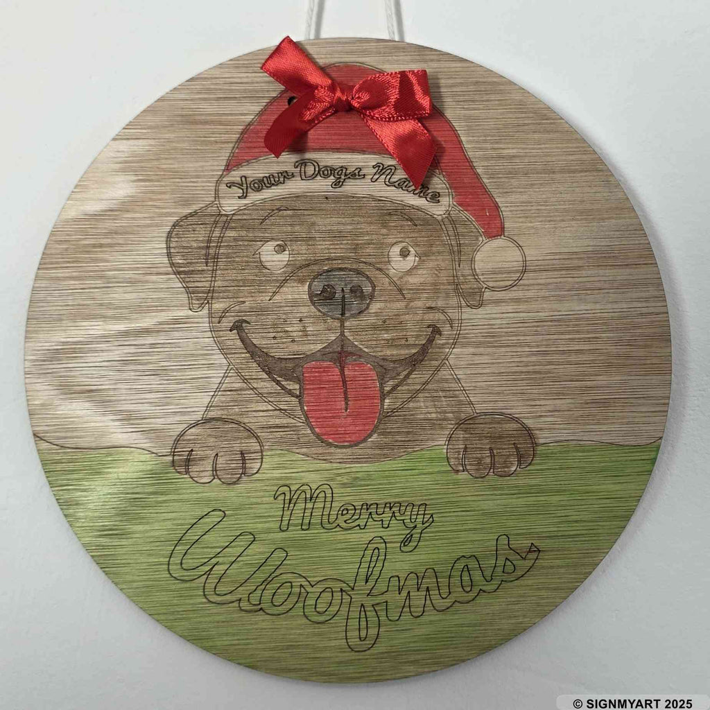 Personalised Merry Woofmas Bully Sign – Custom Dog Name Christmas Bauble Plaque Decoration